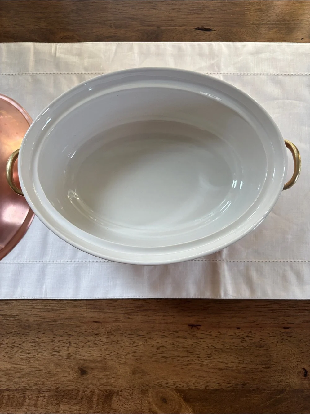 Vintage Old Dutch Copper Covered Casserole Dish. Brass Handles